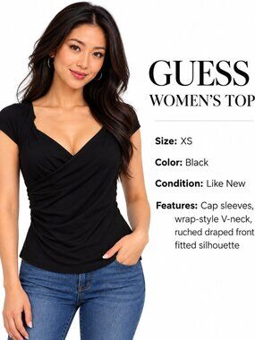 GUESS Women’s Black Wrap Front Top Size XS Cap Sleeve V-Neck Like New